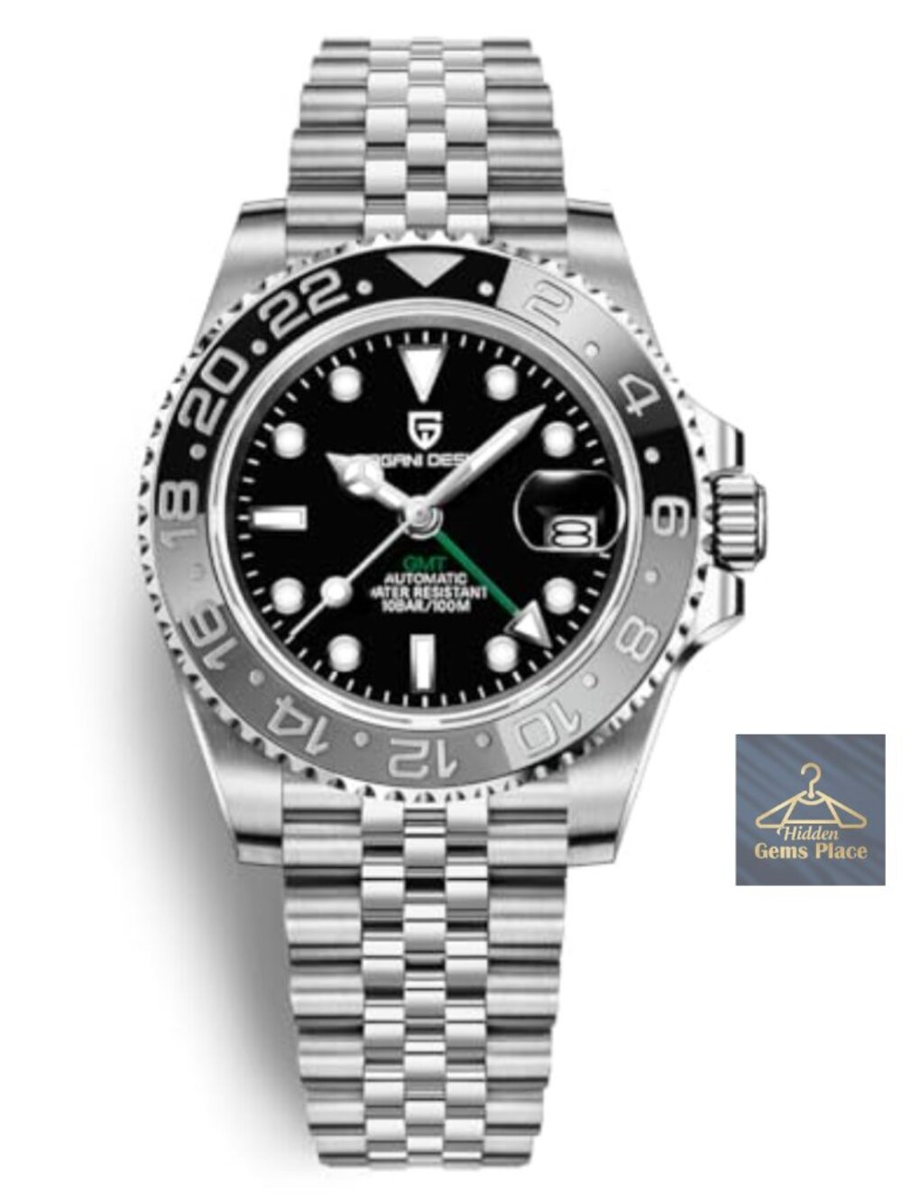 Men's Automatic GMT Watch Stainless Steel Sapphire 100M Waterproof Mechanical